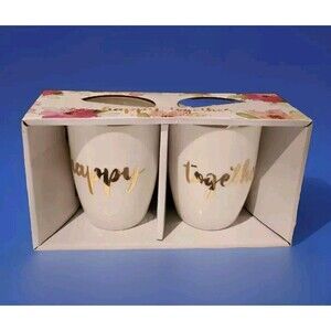 Happy Together Mugs Gold Lettering Wedding Anniversary Gift 2 Cup Set Orly New